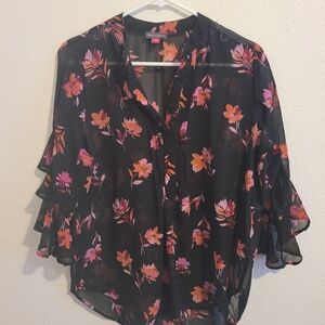 Vince Camuto Black Floral Sheer Blouse #239
